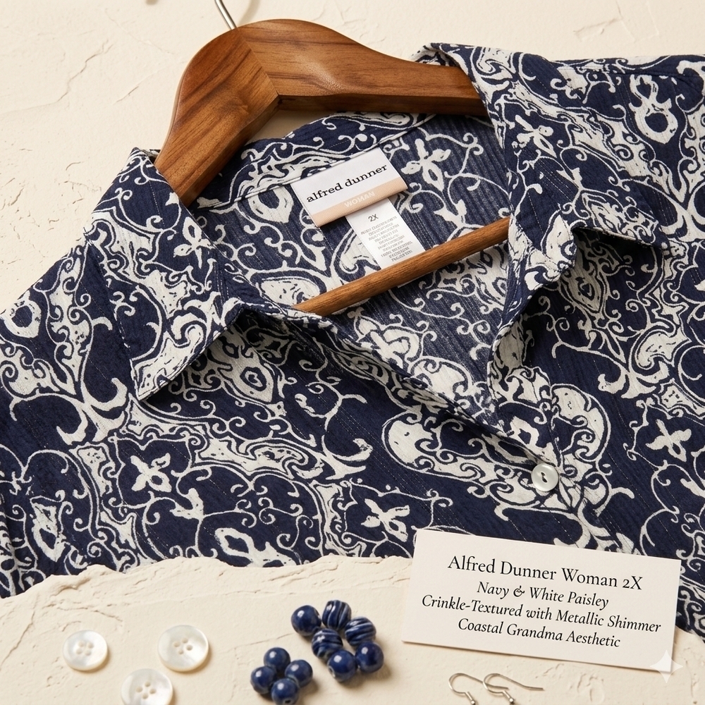 Alfred Dunner Blouse 2X Blue White Paisley Metallic Crinkle Shirt Button Front